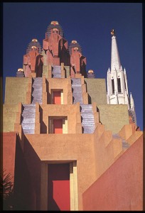 The Elephant Towers and the Tower of the Sun++The colorfully cubist Elephant Towers added a touch of playfulness to the architecture of the fair.