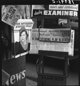 San Francisco Newstand++A masterful shot of media in 1939, from Dorothea Lange.