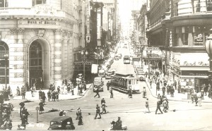 Market Street and Powell, c. 1939++The Owl Drugstore is on the right, the Pig and Whistle to the left. Both appear in CITY OF DRAGONS.